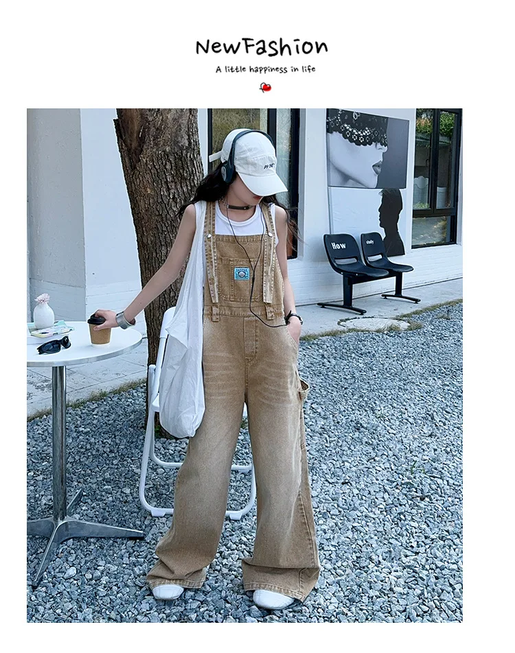 summer teen girls water washed punk wide leg jumpsuit junior kids loose slimming casual Cowboy overalls 4-14 child ropa trousers