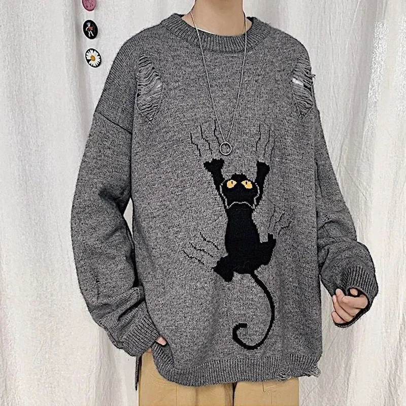 2024 Spring And Autumn Leaky Hole Sweater Korean Edition Men's Travel Handsome Abstract Pattern Loose Long Sleeved Knitted Shirt