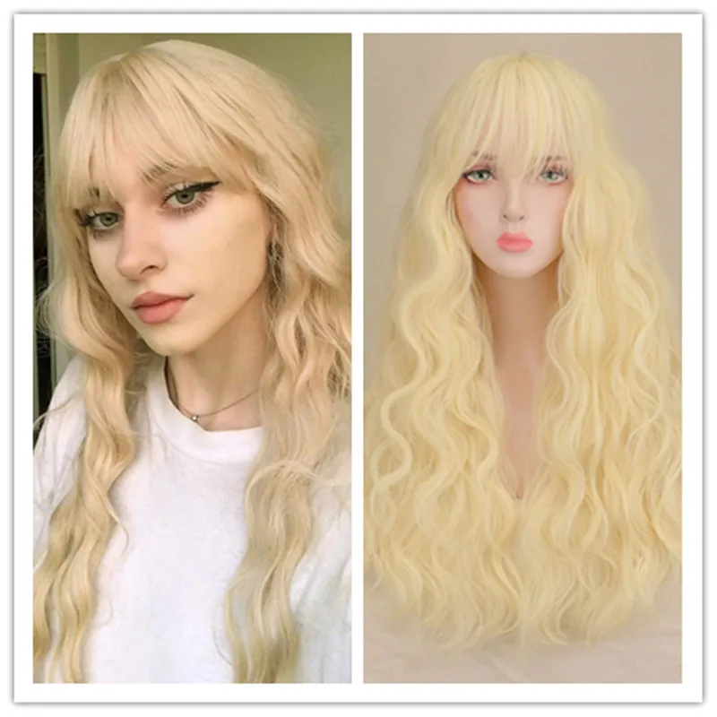 

SuQ Synthetic Women Long Water Wavy Wig with Bangs Hair Natural Blonde Cosplay Party Heat Resistant Daily Fashion Wigs