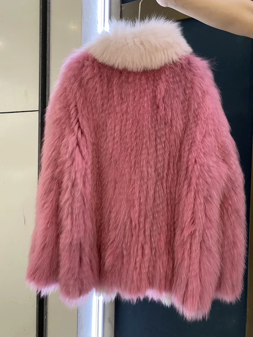 Fox Hair Double-sided Woven Lapel Fluffy Fur Coat Wooden Contrast Color Medium Long Loose 2023 Autumn Winter Jackets for Women