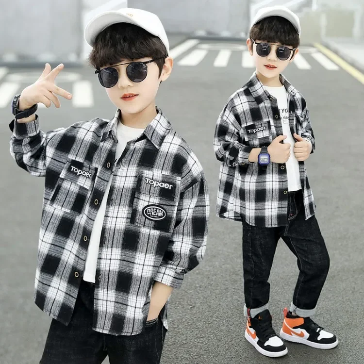 Boys Plaid Shirt Autumn Fashionable Spring Summer Checkered Kids Clothing Boy's Outerwear Elegant Style Chinese Brand AE Stock