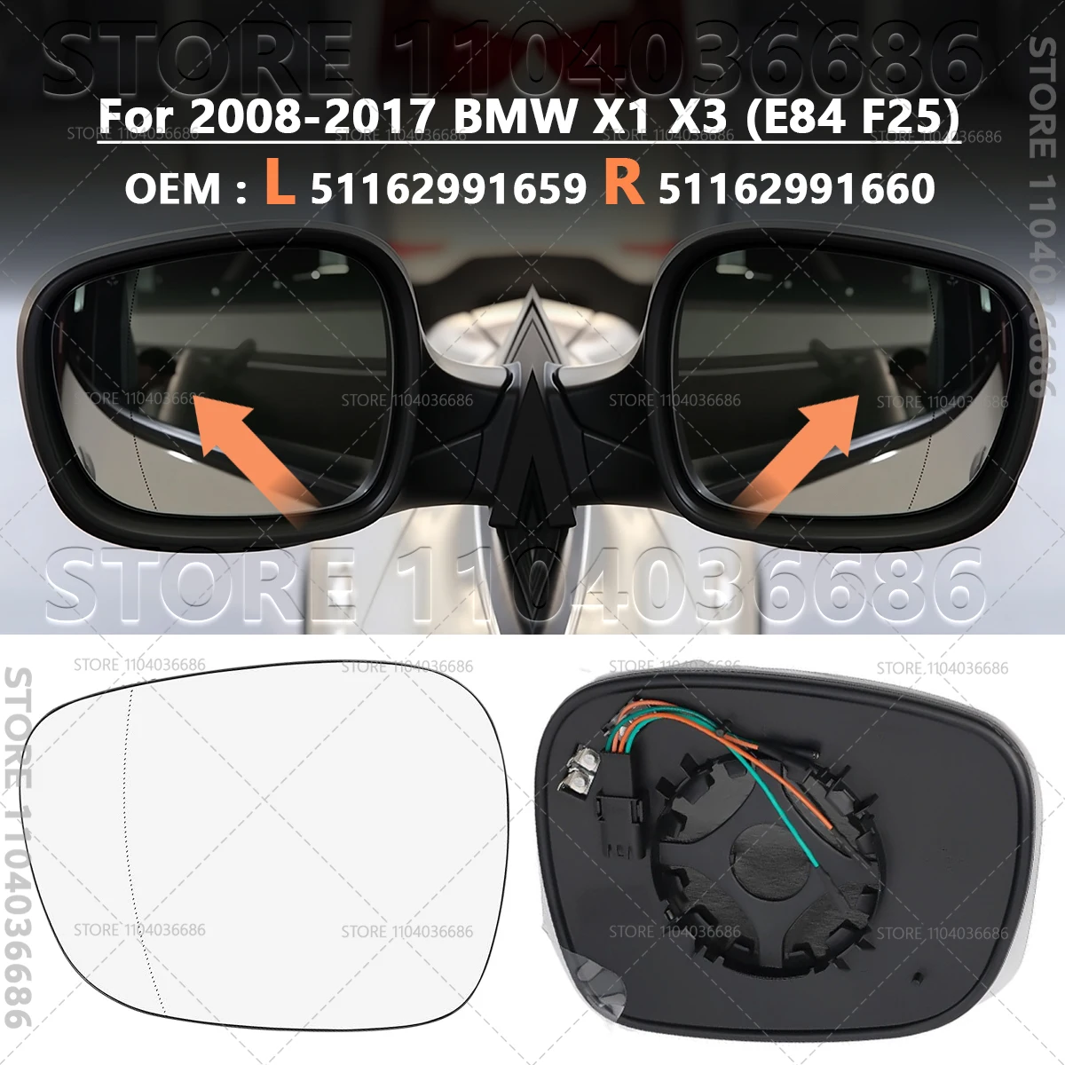2008-2017 BMW X1 X3 (E84 F25) 사이드 미러 유리 가열 51162991659 51162991660