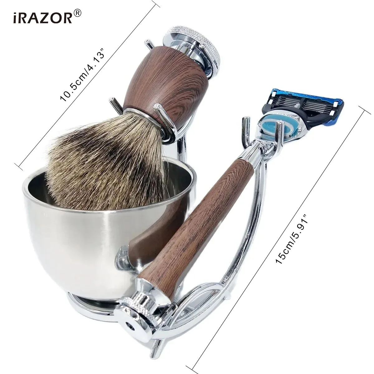 IRAZOR 전문가용 퓨전 5 면도 키트, 천연 오소리 브러시, 로즈우드 그레인, 방수 면도기, 남편 이발 도구