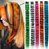 Extensions capillaires synthétiques colorées à clips imprimés à rayures, postiches lisses de 18 pouces pour usage quotidien et fête 3