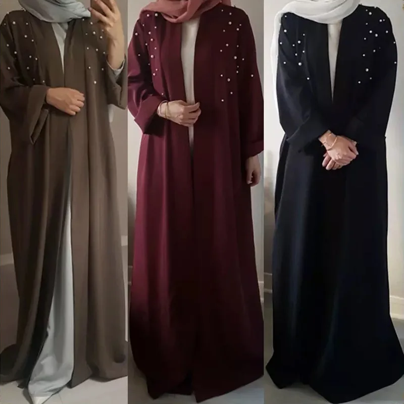 

Latest Muslim Abayas For Women Islamic Fashion Pearls Kimono Robe Modest Dress Long Elegant Cardigans Clothing Front Open Abaya