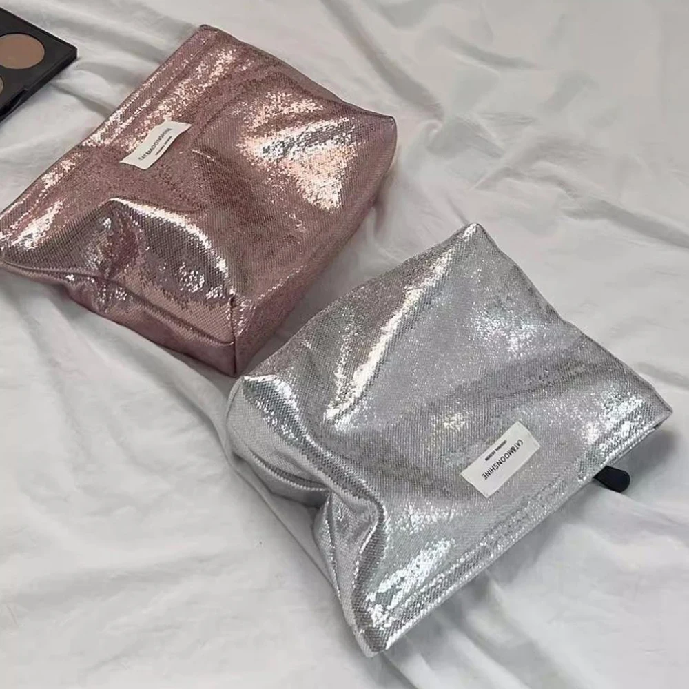 반짝이는 스팽글 실버 샴페인 클러치 화장품 가방, 대용량 메이크업 정리함, 휴대용 여행 세면 용품 가방, 보관 가방 