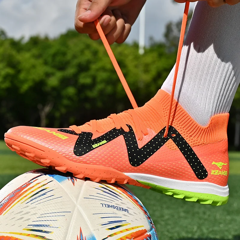 Fashion Orange Men's Football Shoes Knit Breathable Soccer Shoes Men High Quality TF/FG Football Boots Outdoor Training Sneakers