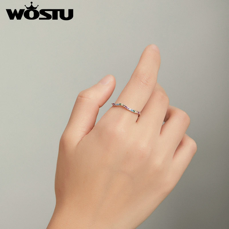 Wostu Rings 925 Sterling Silver Rainbow CZ Simple Finger Ring For Women Silver Party Anniversary Fine Jewelry Gift DXR705