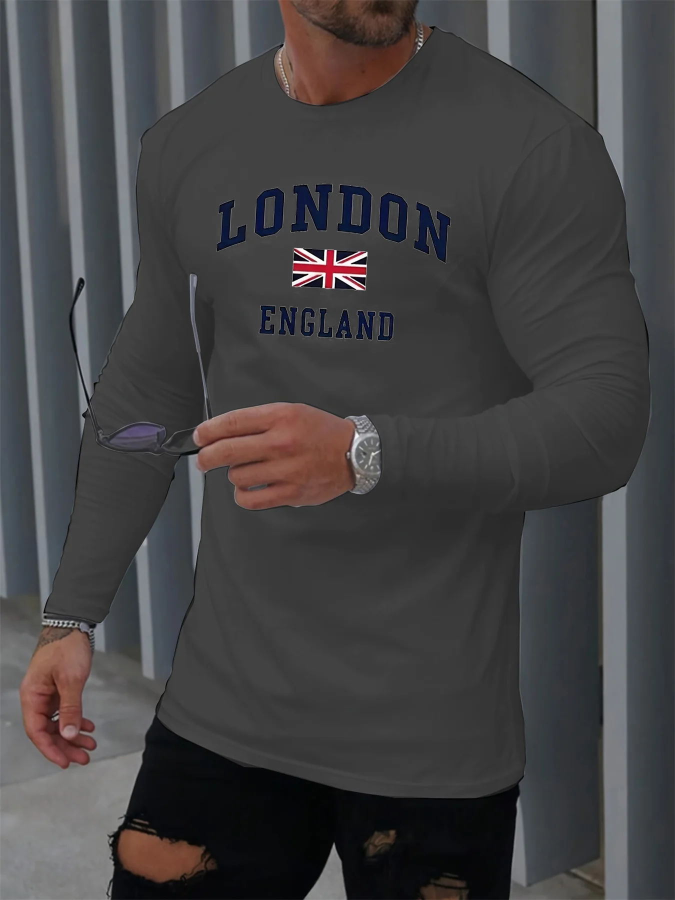 Men's 100% pure cotton loose and comfortable sports and leisure London ENGLAND printed round neck long sleeved T-shirt top