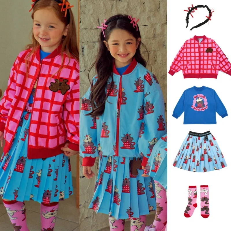 

Girls Sweatshirt Half Skirt Set 2023 Autumn New Blue Print Sweatshirt Cotton Cute Girls Pleated Skirt Reversible Baseball Jersey