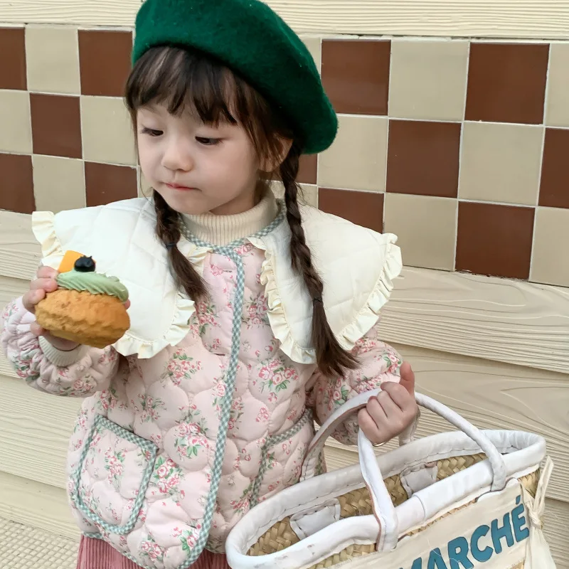 

Korean Children's Floral Cotton Dress Girls' 2022 Winter Clothing New Doll Collar Cotton Clip Down Warm Coat