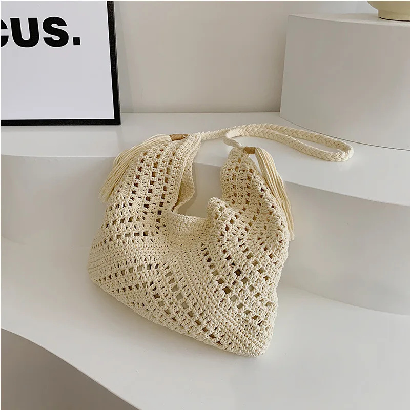 Luxury Design Woven Tote Bags Summer Casual Large Capacity Handbag Fashion Hollow Beach Drawstring Shoulder Top-handle Bag Purse