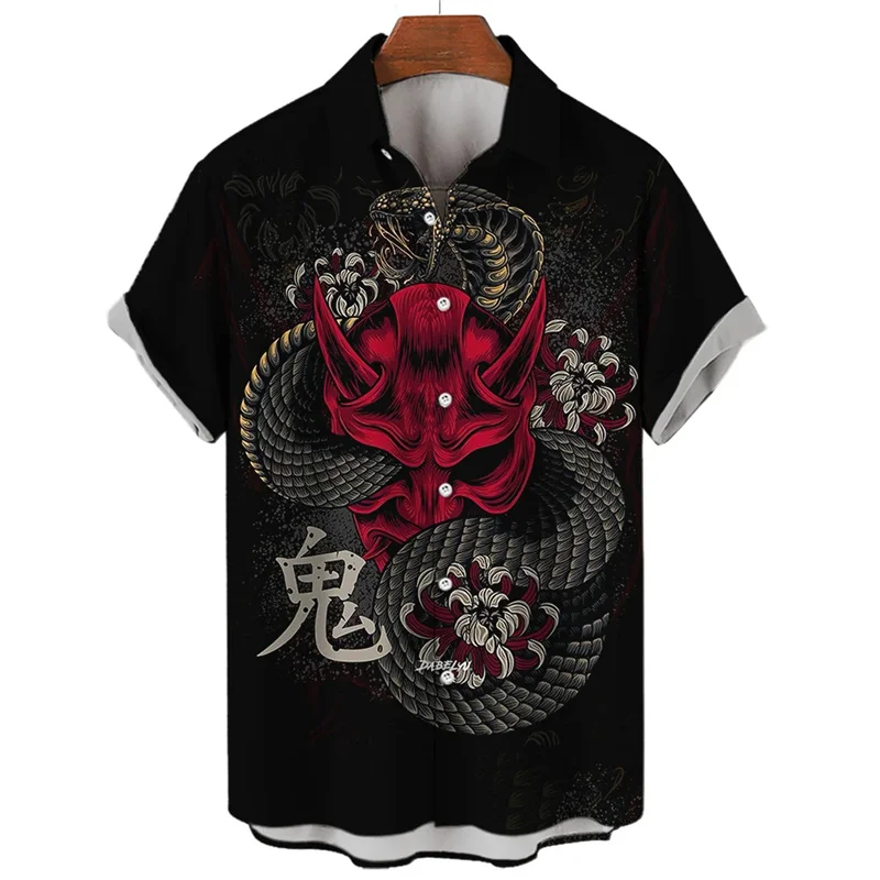 thumbnail image 1 of Camisas hawaianas casuales para hombre, blusa con botones de gran tamaño con estampado 3D de samurái japonés y terror vintage de manga corta para exteriores y calle, 1 of 5