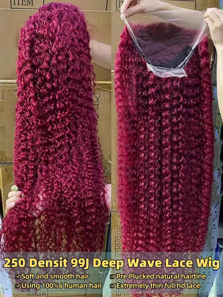 30 40 Inch 99J Burgundy 13x6 Hd Lace Frontal Human Hair Wig Red Colored 13x4 Transparent Lace Curly Deep Wave Frontal Wig