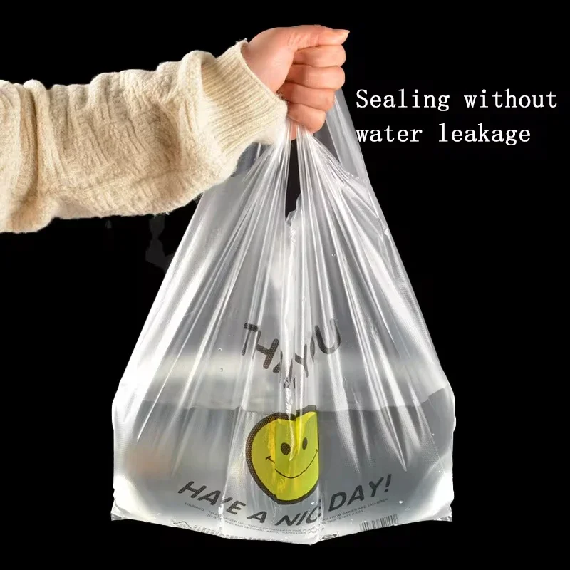 100/50 Pcs Plastic Food Storage Bags With Handle Transparent Shopping Fresh-keeping Carry Out Bags Smile Gift Kitchen Accessory