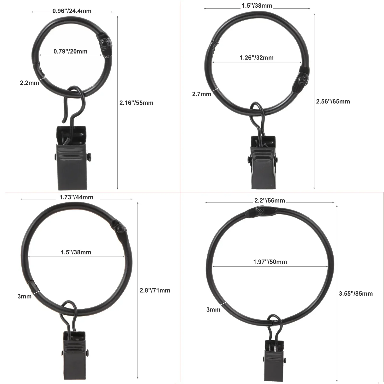 Curtain Clips Curtain Accessories Curtain Hooks 10pcs Metal Curtain Rings With Clips 4 Sizes