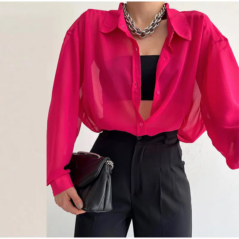 2022 Summer Fashion Women Solid And Printed Shirts Loose Fit Chiffon Resort Top Female Lapel Blouse Tops Casual Outfits