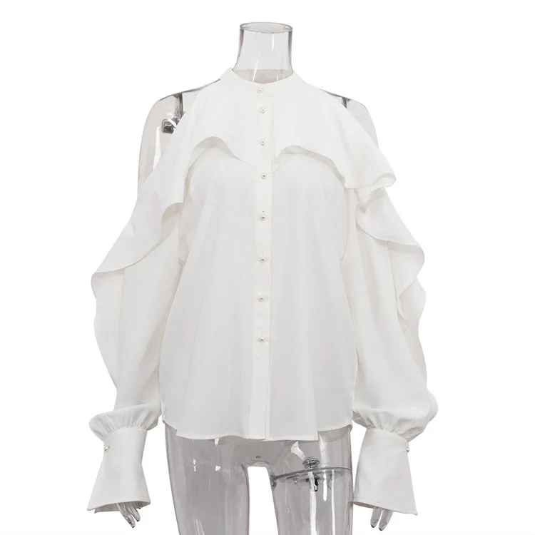 Blusa informal blanca con volantes para mujer, estilo patchwork, con hombros descubiertos, elegante, lisa, de cintura alta, estilo urbano, de verano