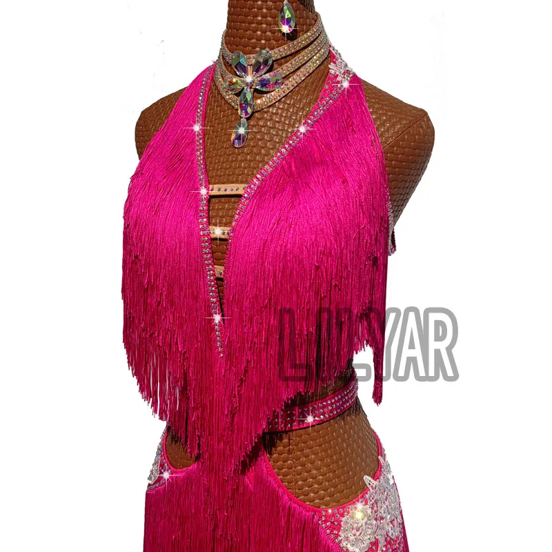 Latin Dance Dress Adult Children Rose Red Embroidered Fringe