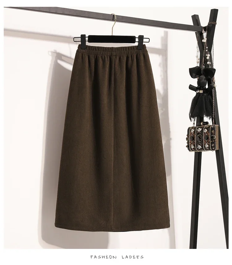 2026 herbst Plus Größe Rock Frauen Hohe Elastische Taille Große Größe Rock Koreanischen Stil Elegante Braun Casual Schlitz Bleistift Röcke – Detail 4