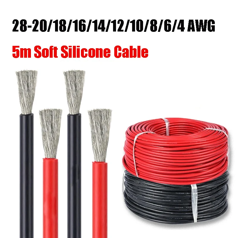 5m Heat Resistant Silicone Cable Flexible Red Black Electrical Wire for Solar Panel Printer Inverter Automotive Electronics