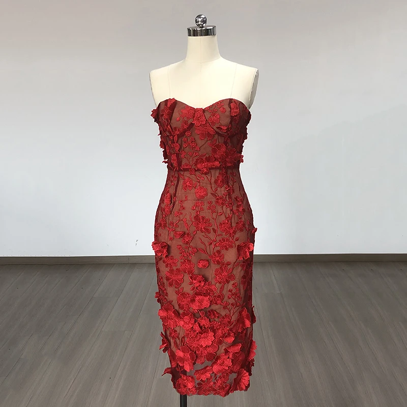 New Red Color Women Strapless Embroidery Flowers Bodycon Midi Bandage Dress  Fashion Celebrate Birthday Evening Party Dress - AliExpress 200000345