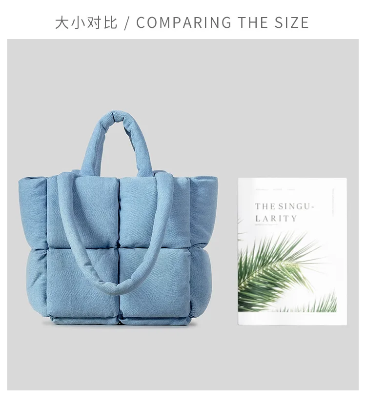 Warm puffer tote bag detail view