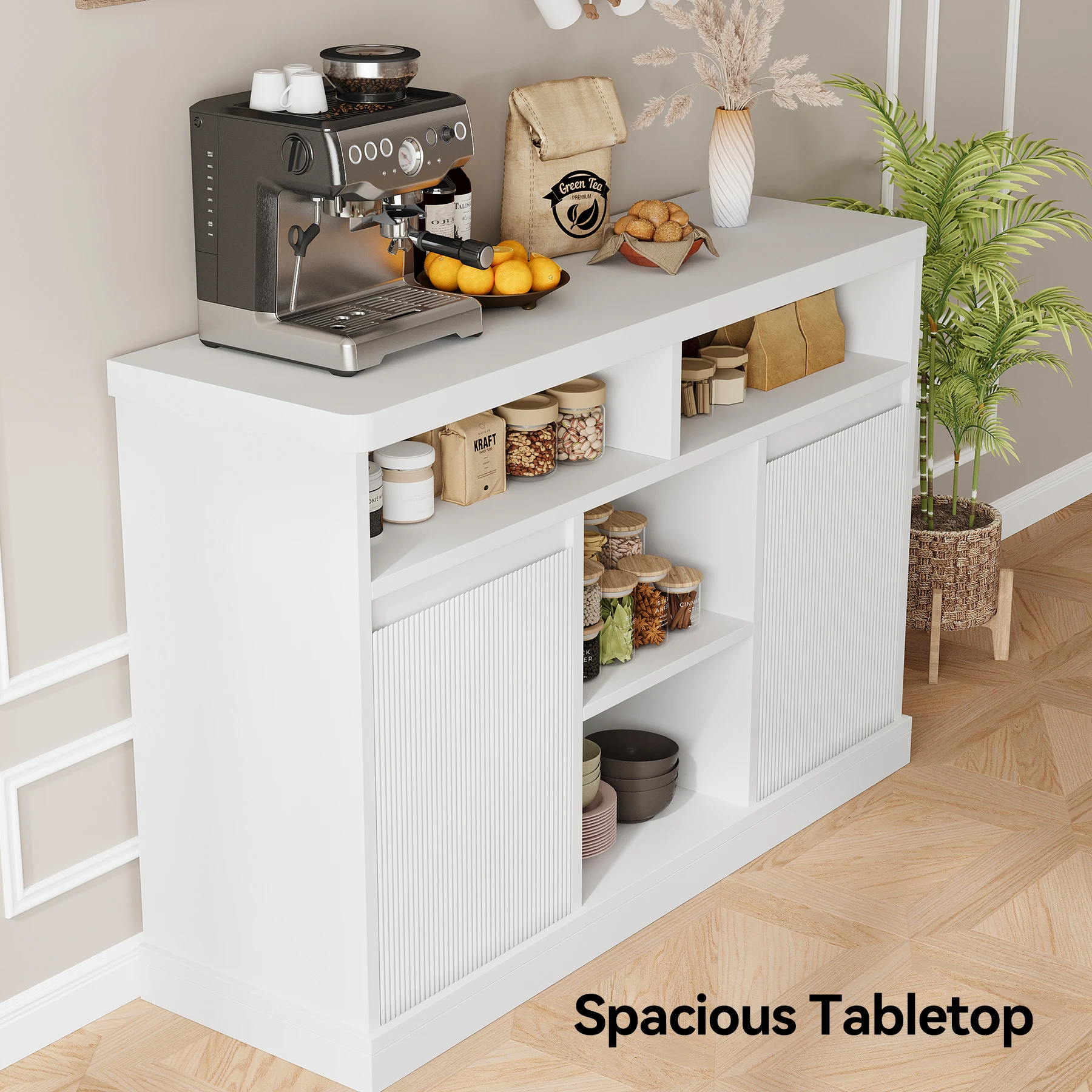 Sideboard Buffet Storage Cabinet with Fluted Doors, White Modern 47" Coffee Bar Cabinet for Living Room, Dining Room, Kitchen