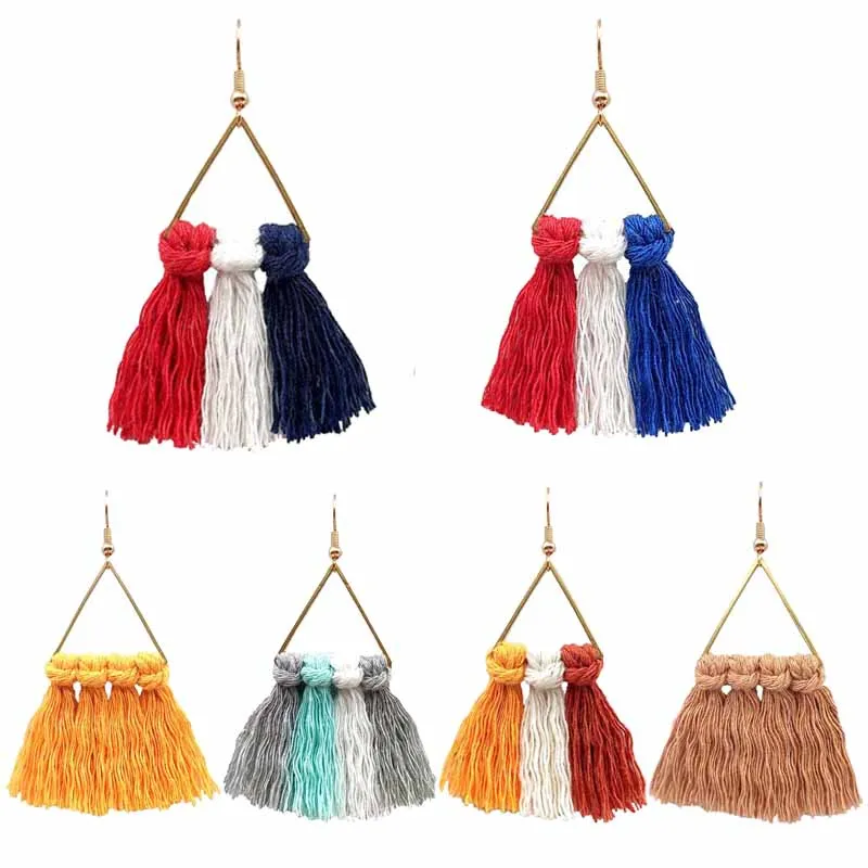 

Triangular Geometric Tassel Earrings American Independence Day Flag Orange Thanksgiving Handwoven Tassel Cotton Thread Earrings
