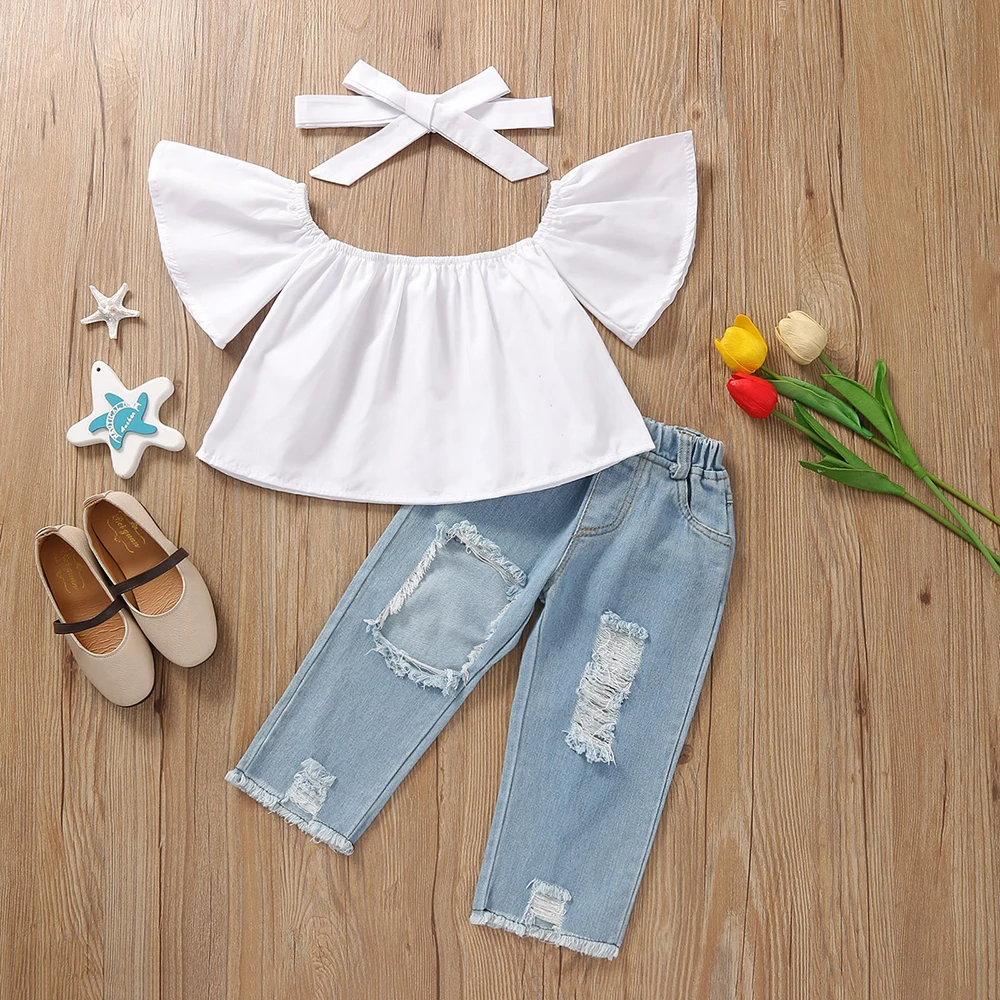 

Summer Girls Ruffle Off Shoulder T-Shirt Casual Toddler Tops Ripped Denim Pant Outfits Clothes Jeans Headband 3in1 Set Clothing