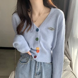 Korean Style V-neck Short Knitted Sweaters Women Thin Cardigan Fashion Sleeve Sun Protection Top Ladies Knitwear Ropa Mujer