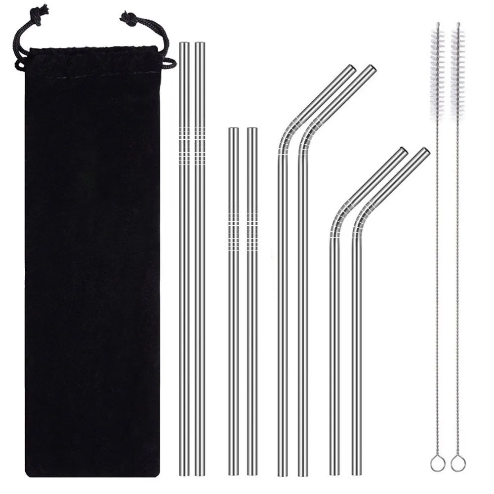 

Reusable Stainless Steel Straws Eco Friendly Metal Drinking Straw Set Long Silver Bent Straight Straws Bar Cocktail Accessories