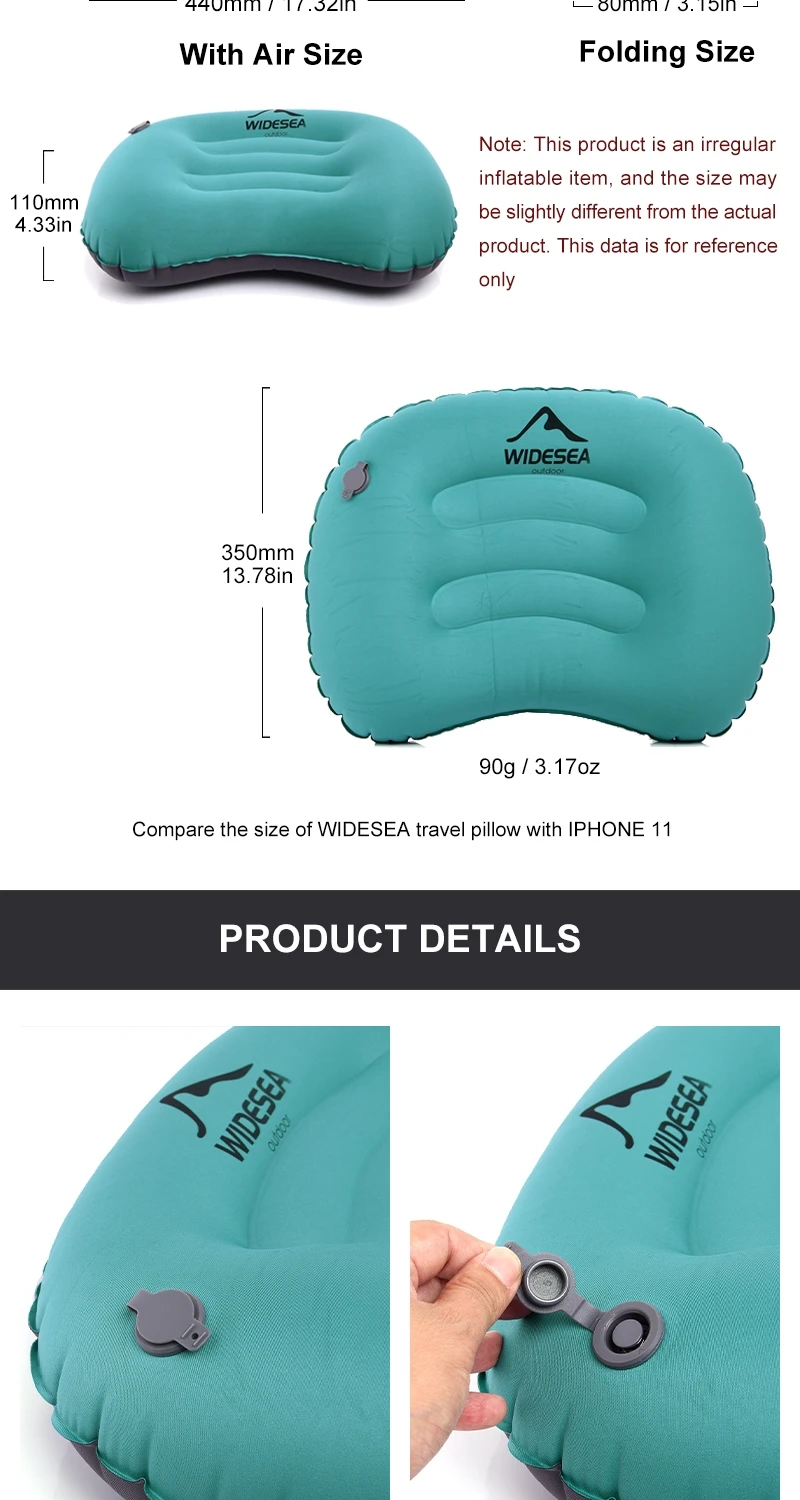 Description Picture 3 of itemWidesea Portable Inflatable Pillow Camping Equipment Compressible Folding Air Cushion Outdoor Protective Tourism Sleeping Gear