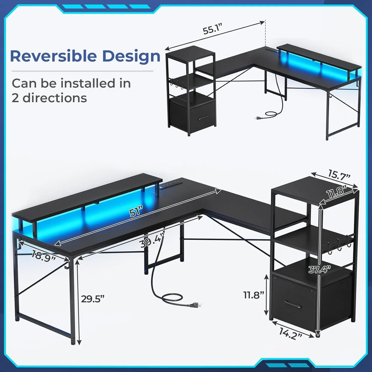 L Shaped Gaming Desk, 51" Computer Desk with Storage Shelves, Gamer Desk with Power Outlets & LED Lights, Fabric Drawer 2