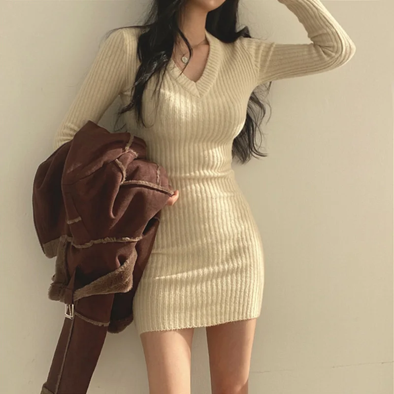 Sun-imperial Women v Neck Ribbed Knitted Long Sleeve Bodycon Mini Dress