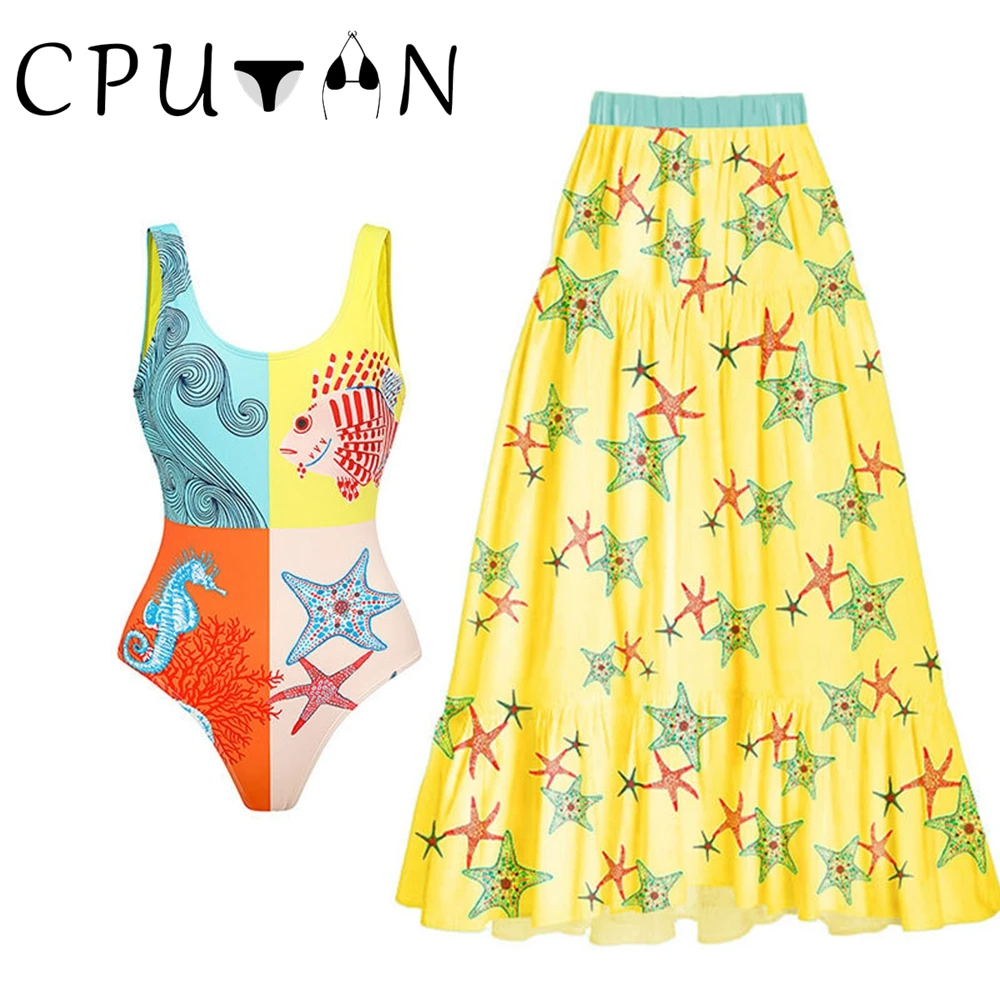 

CPUTAN 2024 New Sexy One Piece Swimwear Skirt Women Biquini Swimsuit Beachwear Bikini Set Brazilian Print Bathing Suit Dress