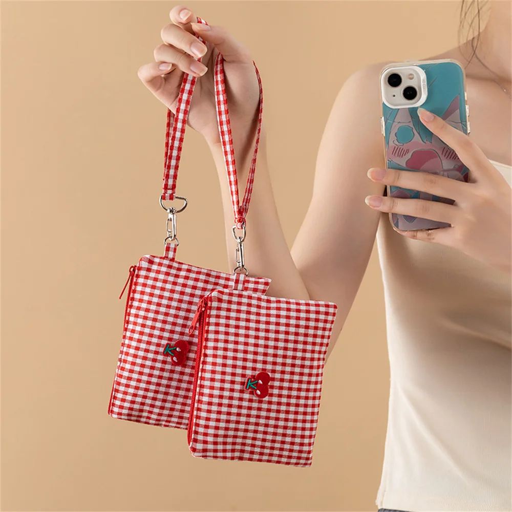 Red Cherry Canvas Makeup Bag, Portable And Easy To Carry. Red Plaid, Large Capacity Cosmetic Lipstick Storage Bag Travel Handbag