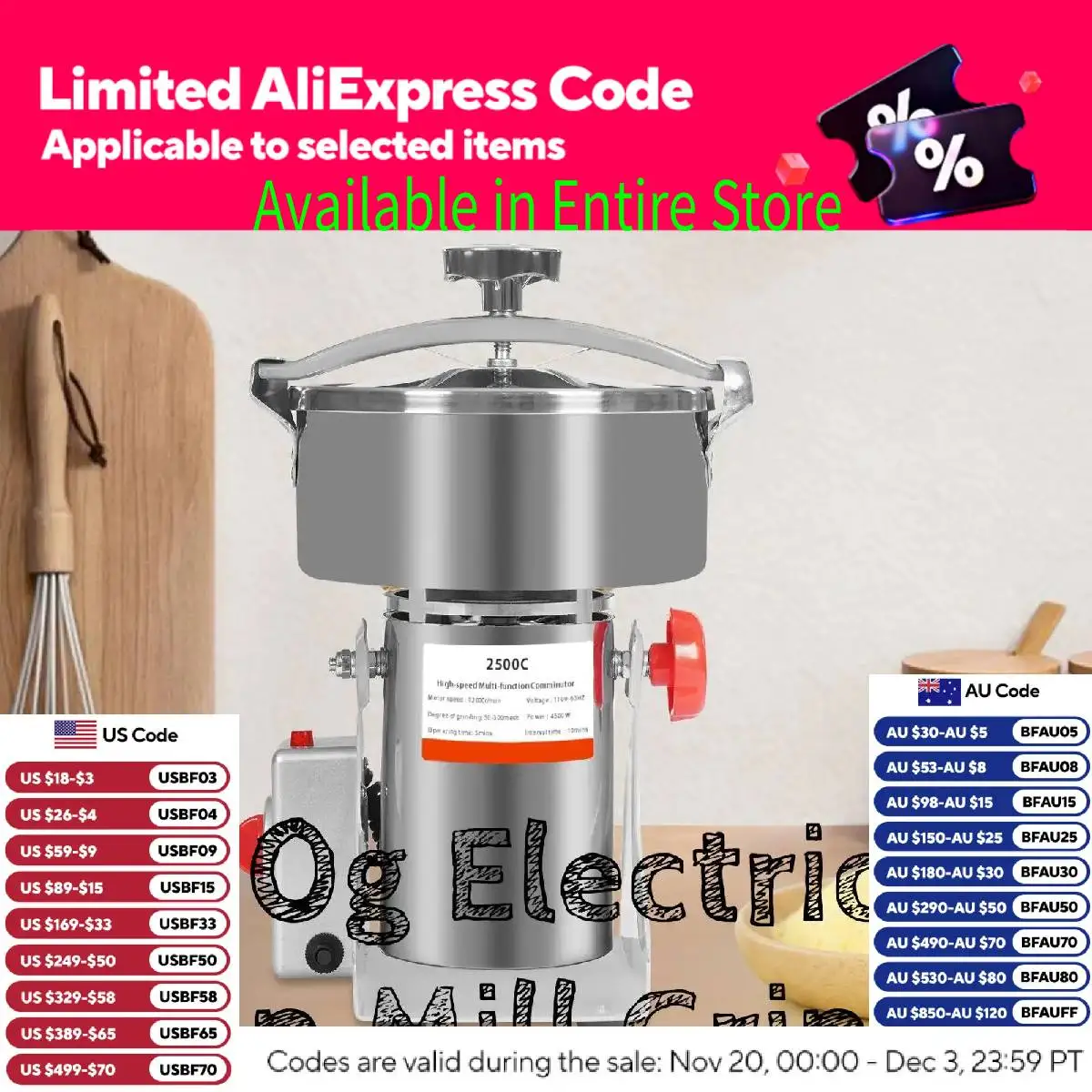 2500g Electric Grain Grinder Mill with Timing Function 4500W High Speed Commercial Pulverizer Dry Herb Grain Spice Coffee Seeds