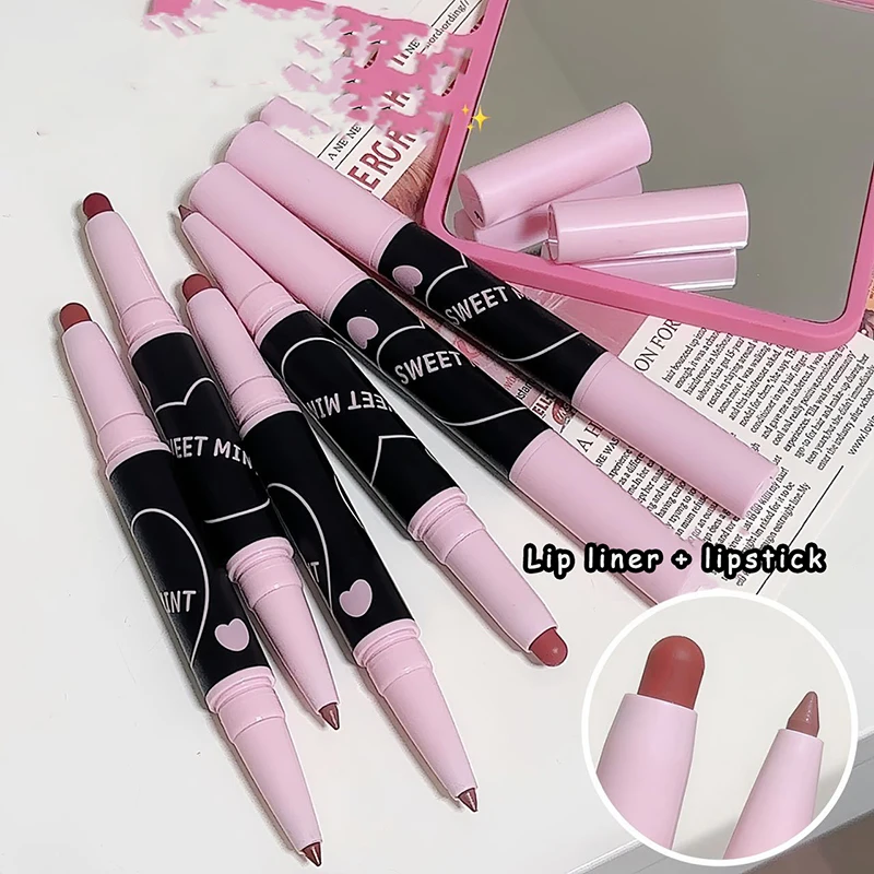 Double-end Lipliner Pencil 2 in 1 Sexy Nude Pink Red Lip Contour Matte Lipstick Waterproof Lasting Non-stick Cup Lip Tint Makeup 3