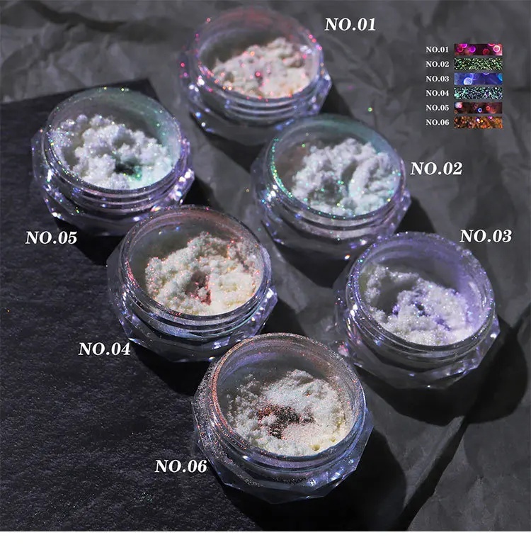 6 Teile/satz Aurora Chrom Nagel Pulver 0,2g Eis Transparent Meerjungfrau Nagel Glitter Glänzende Perle Regenbogen Pigment Nail art Dekoration – Detail 9