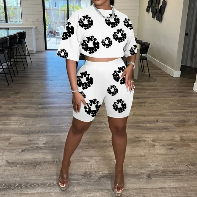Summer Women's Casual Printed Round Neck Short Sleeve Crop Top & Shorts Set Temperament Commuting Women Fashion Short Pants Sets