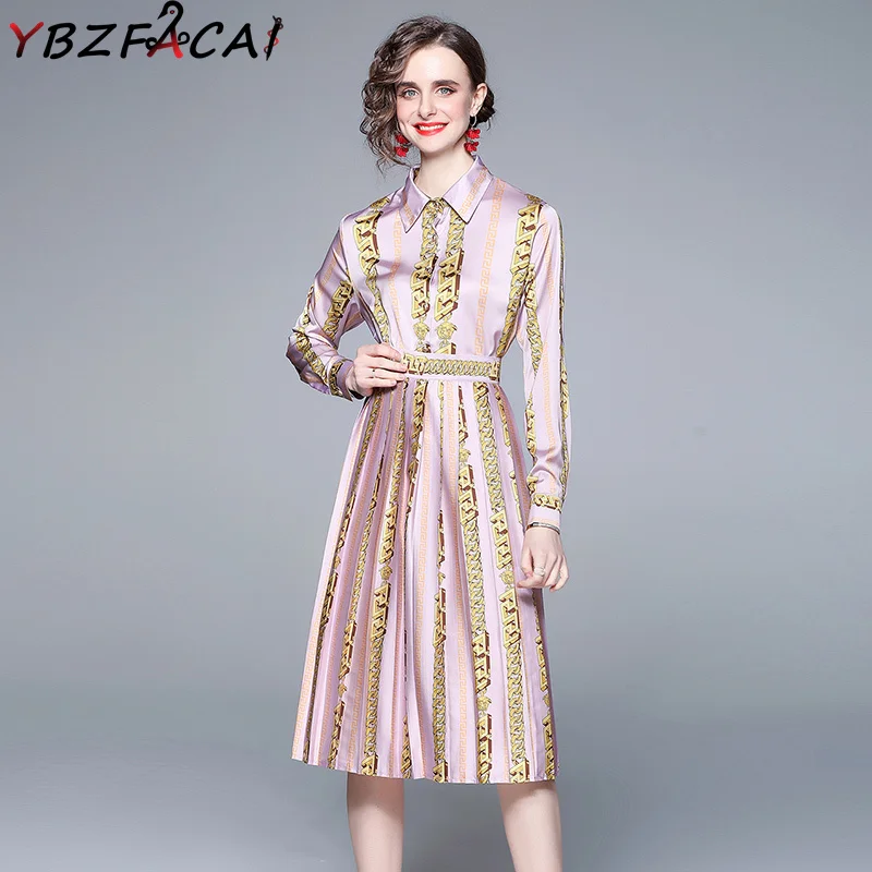 

Women Suit Skirt 2022 Spring Fall Retro Purple Chain Party Dress Lapel Long Sleeve Printed Shirt + High Waist Pleated Skirt Suit