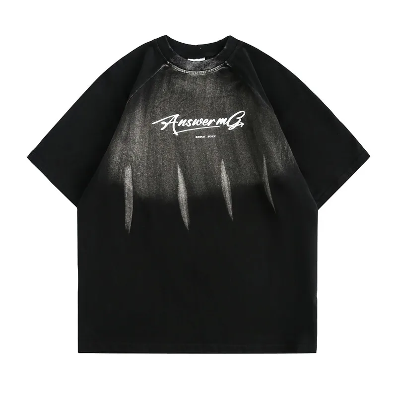 

Summer Mens Fashionable Faded Design Sense T-shirt Loose Cotton Round Neck Short Sleeved Couple High Street Hip-hop Harajuku Top
