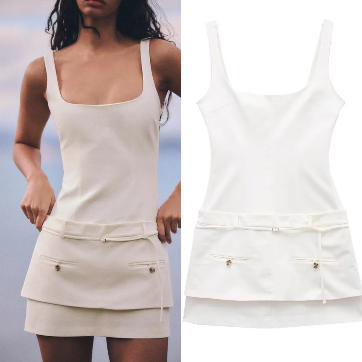 

TRAF Women's Sexy Dress White Square Neck Sleeveless Belt Decorated Button Side Zipper Women's Fashion Mini Dress 2024 Summer