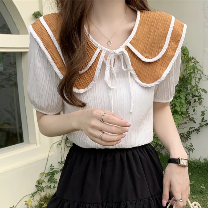 Peter Pan Collar Blouses For Women Fashion 2022 Korean Style Vintage Summer  Tops Mujer Sweet Cute Elegant Aesthetic Preppy Girls - Women Blouse -  AliExpress