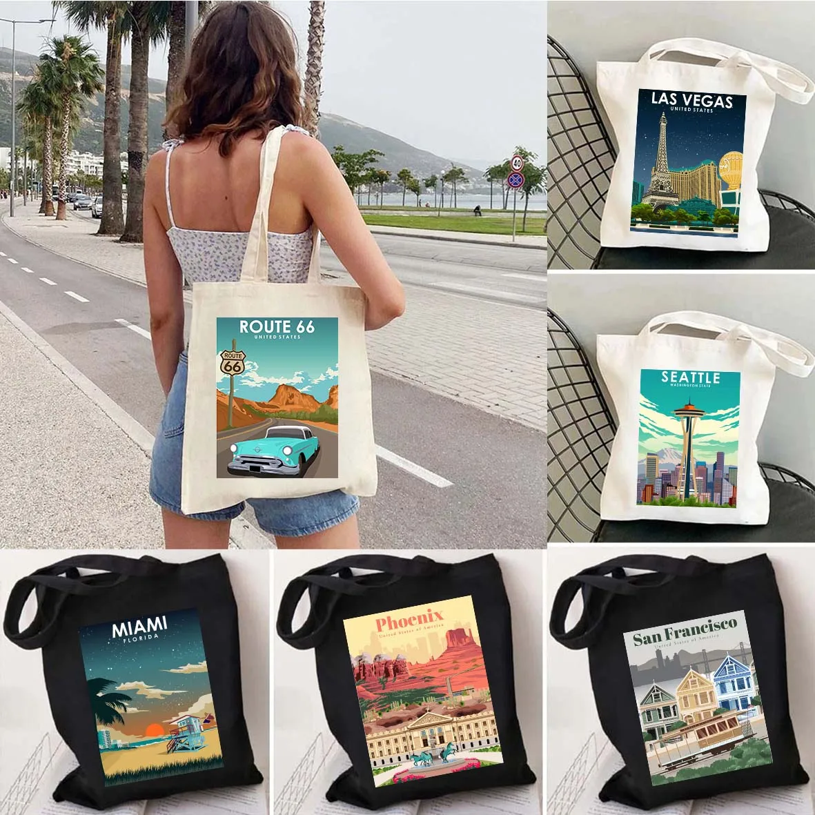 

Miami New York Chicago Seattle Phoenix Washington San Francisco Beaches Women Canvas Shoulder Shopper Totes Bag Shopping Handbag