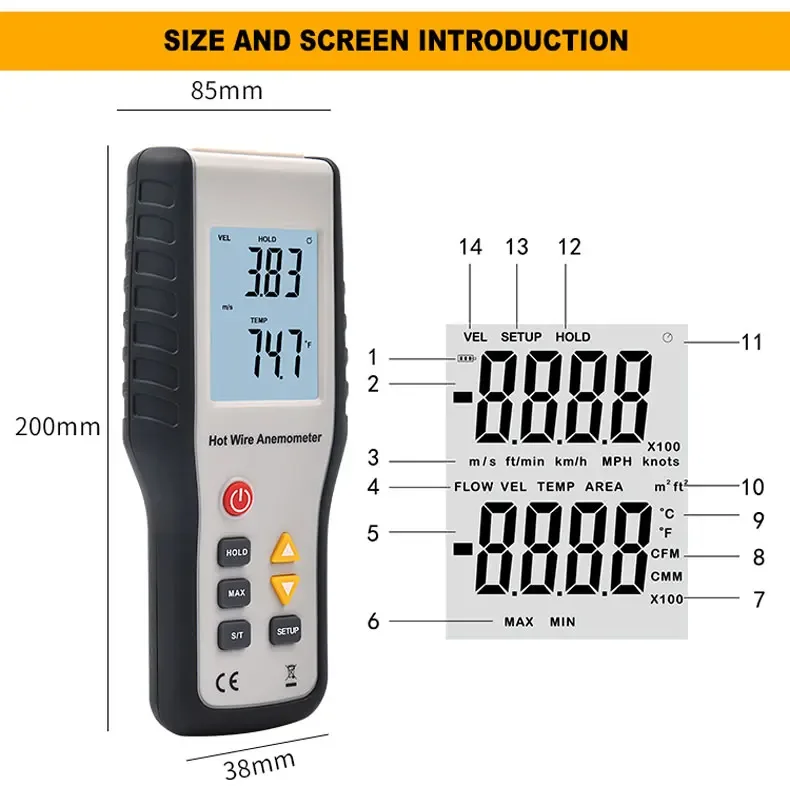 HTI HT-9829 High Sensitivie Digital Portable Wind Speed Meter Hot Wire Thermal A