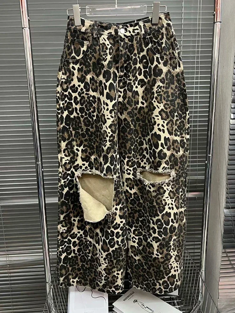 여성용 헐렁한 청바지 찢어진 구멍 데님 바지, 미국 레트로 용수철 여름 바지, 오버사이즈 스트레이트 바지, 패션 레오파드 무늬