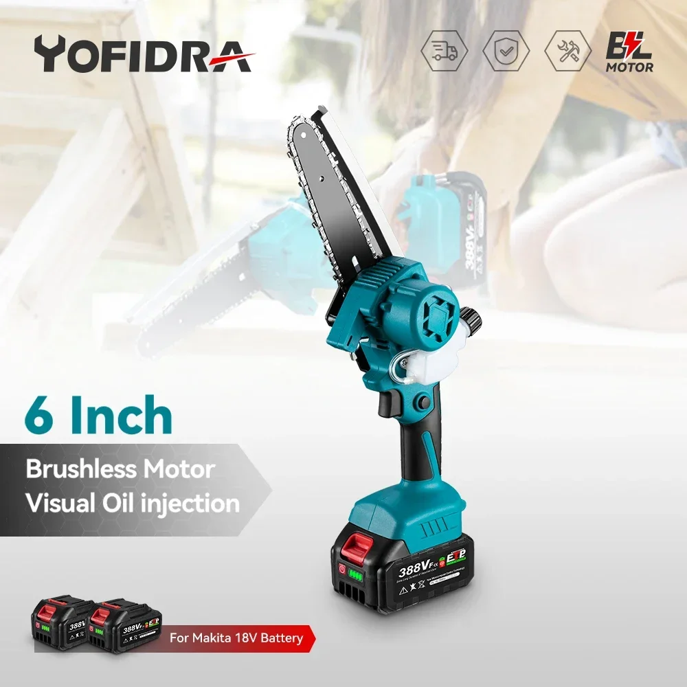 Yofidra 2000W  6 Inch Brushless Electric Saw High Power Cordless Chainsaw Garden Cutting Trimming Tool for Makita 18V Battery brushless oscillating multi tool for makita 18v battery electric saw trimmer trimming shovel cutting woodworking tool