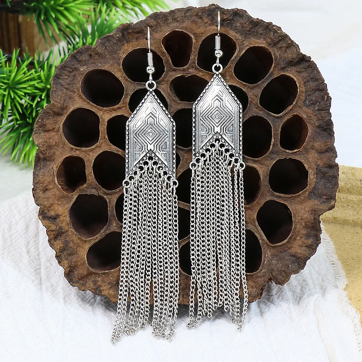 New Silver Color Chain Earrings for Women Vintage Ethnic Antique Carved ...